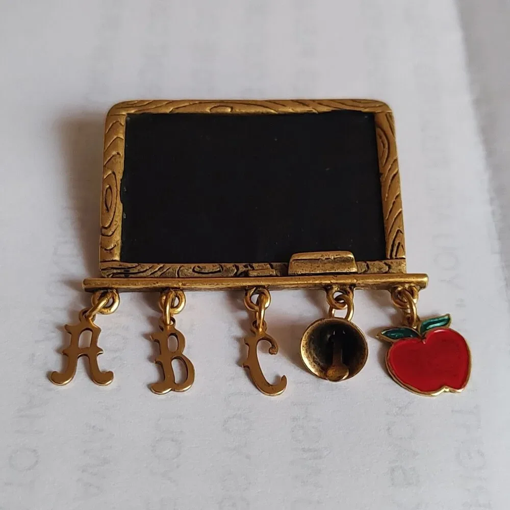 VTG Gold Tone Metal Enamel Teacher School ABC Apple Bell Chalk Eraser Brooch